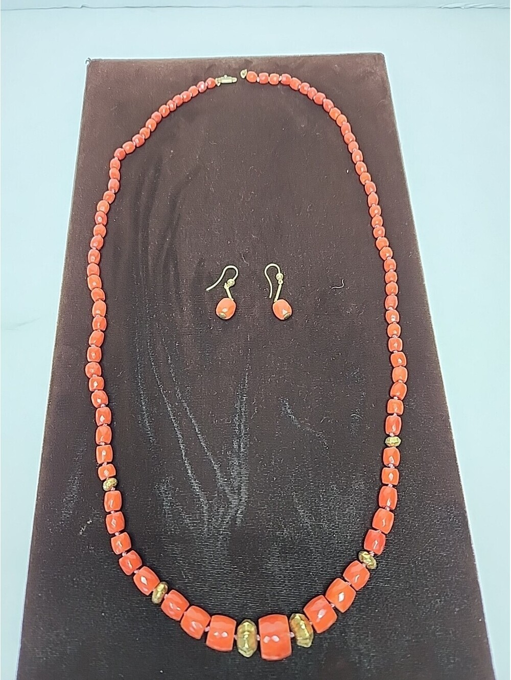 18K Gold Undyed Mediterranean Sardinia OX Blood Red Coral Necklace Earrings Vtg